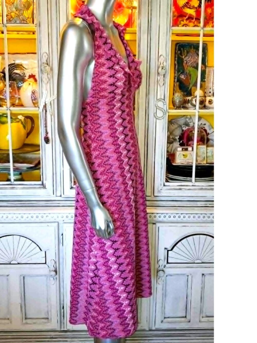 Betsey Johnson Vintage New York Y2K 90s Open Woven Knit Pink Midi Halter Dress S - Picture 4 of 16